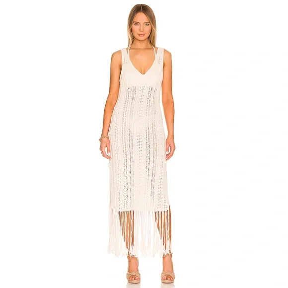Jonathan Simkhai Ivory Kamilah Crochet Fringe Tank Midi Dress Small NWOT - Picture 2 of 13